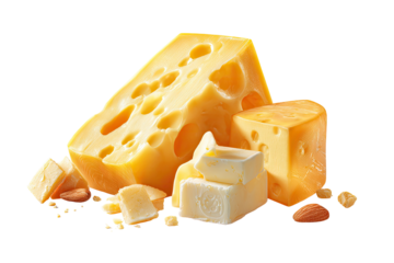A still-life of several types of cheese and butter cubes with a few almonds