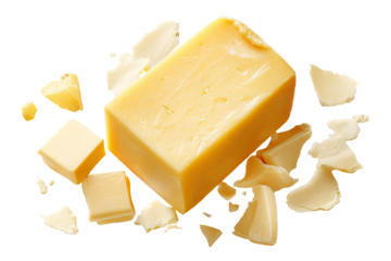 A block of yellow dairy product with smaller pieces surrounding it, against a black background
