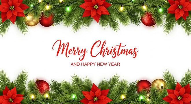 Merry Christmas and Happy New Year Poinsettia Pine Garland Red Ornaments Greeting Banner