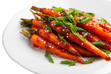 Roasted carrots with glaze and green onions, garnished with sesame seeds, on a white plate