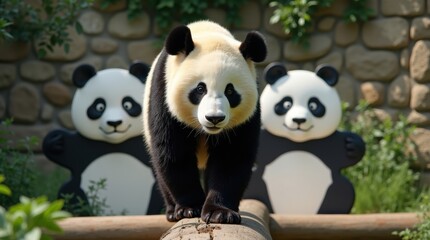 Fototapeta premium Three giant pandas standing together on a log in front of a stone wall