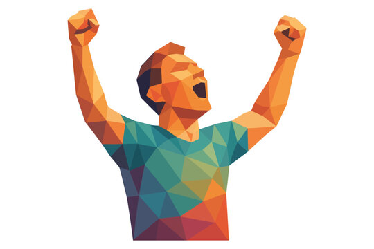 Triumphant geometric figure with raised arms in low poly art style