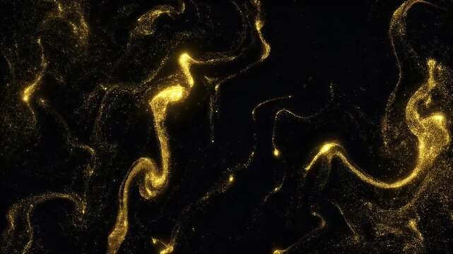 Abstract golden shimmering particles creating fluid, luminous patterns against a dark, cosmic background.