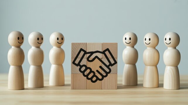 Small wooden figures stand around building blocks illustrating a business partnership agreement
