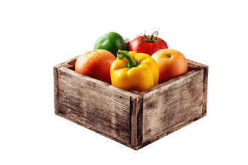 Wooden crate filled with colorful produce bell peppers, tomatoes, oranges, and more