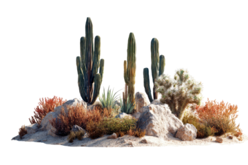 Desert scene featuring cacti, rocks, and dry vegetation, isolated on a black background