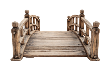 Wooden arched bridge with railings against black backdrop, weathered planks