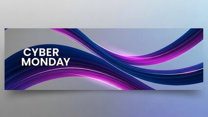 Cyber Monday promotional banner with abstract blue and purple wavy lines and glowing effects, perfect for online sales and digital marketing.