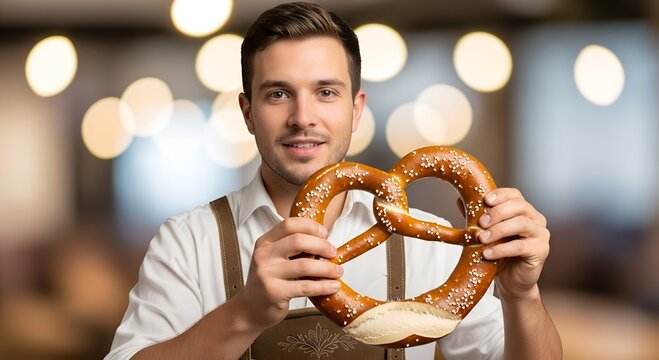 Young man holding oversized pretzel in a cozy café setting   - Powered by Adobe