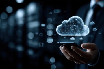 a businessperson using a smartphone with a cloud icon hologram technology concept on an office background, representing the online service of a mobile application in a business data storage setting.