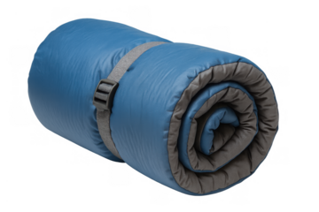 Blue rolled sleeping bag with strap for travel and outdoor camping adventures, isolated on transparent background