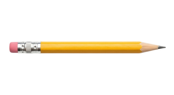 Yellow pencil with eraser isolated PNG, writing instrument for school and office supplies on transparent background