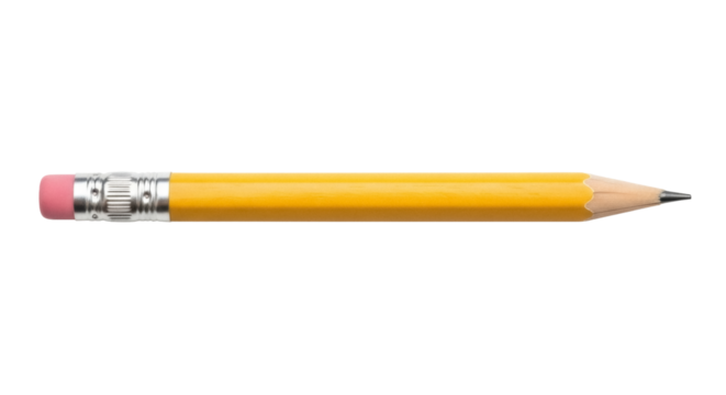 Yellow pencil with eraser isolated PNG, writing instrument for school and office supplies on transparent background