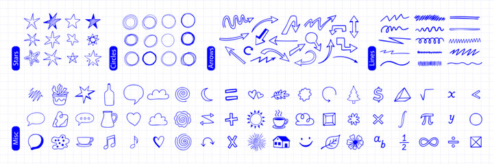 hand drawn black doodle elements collection on white background, arrows, stars, circles, lines and scribbles for planner design, journaling, social media, creative projects