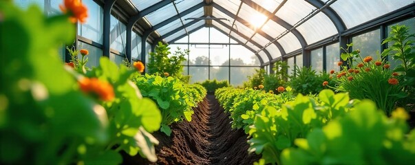 Vibrant Greenhouse Garden Sunlight Drenched Plants Flourishing in a Modern Indoor Setting