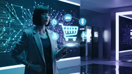 Woman holds holographic shopping interface. Hologram floats above palm with cart and user icons. Digital display and futuristic interface fill showroom. Scene evokes commerce innovation. Mood modern. - Powered by Adobe