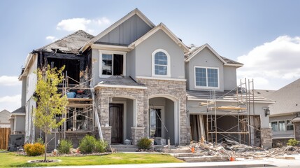 Fototapeta premium Modern suburban house renovation showcasing half charred facade and half newly rebuilt with scaffolding and workers on site