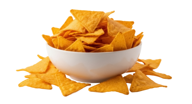 Pile of golden tortilla chips in a bowl isolated PNG, crunchy snack food on transparent background for party and game day