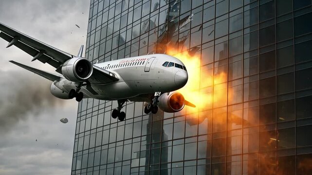 Airplane crashes into glass building with explosion and fire. plane flames and smoke spread, dramatic disaster in urban skyline. airplane impact creates burst of flames on skyscraper. debris falling,