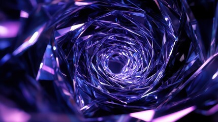 Abstract purple crystal tunnel with geometric shapes and light reflections art