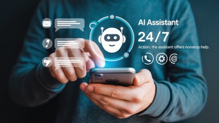 Person interacts with digital interface displaying automated help service features on a mobile device