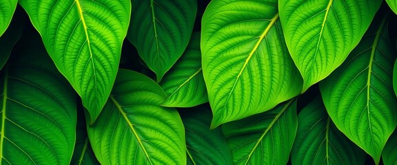 Large vibrant green tropical leaves with intricate veins, arranged in a repeating pattern, repeat, vacation