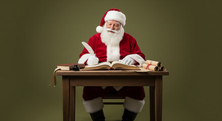 Joyful Santa Claus with a white beard writing in a large book with a feather quill pen at a wooden desk against a plain background