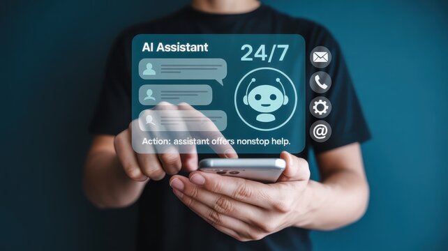 Person interacts with floating digital interface displaying constant artificial intelligence support