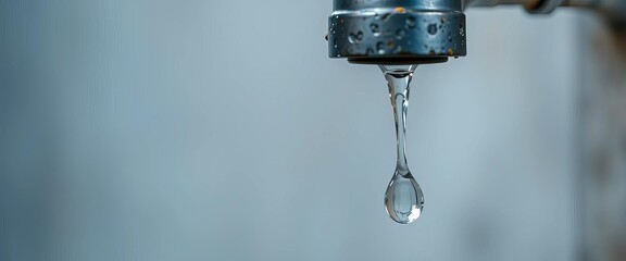 Single drop of water falling from a dripping faucet against blurred background,  broken tap,  domestic