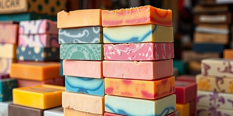 Stack of colorful, fragrant soap bars ready for sale,  product photography, soap