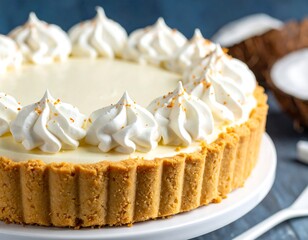 Close-up of a dessert with a white, creamy filling. Whipped cream and sprinkles adorn the top. A half-coconut is visible