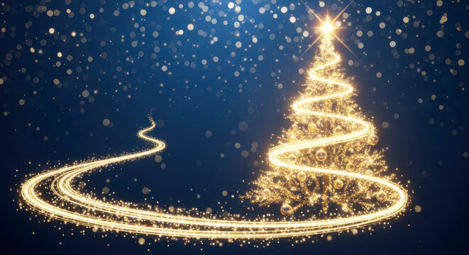 Sparkling golden christmas tree with twinkling lights and snowflakes - Powered by Adobe