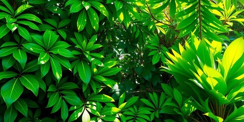 Vibrant green tropical leaves, lush & dense, sunlight dappled,  bright,  vibrant