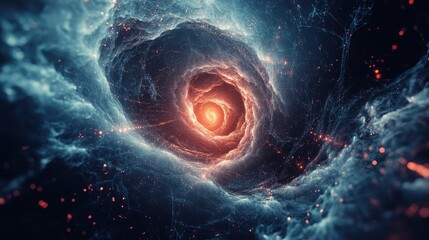 Swirling cosmic nebula with glowing center evokes deep space exploration themes