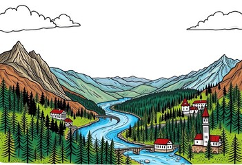 Whimsical hand-drawn doodles of mountains, rivers, forests, and landmarks,  drawing,  forests