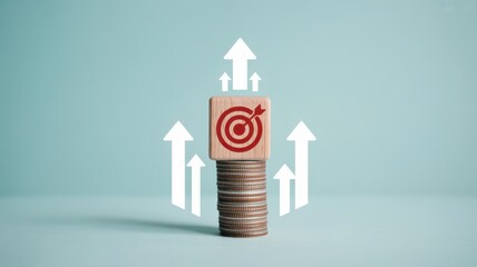 Stacks of coins supporting a wooden block with a target symbol indicate financial growth toward success