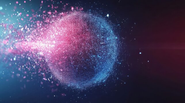 Abstract digital sphere with pink explosion and blue network on dark background