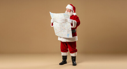 Santa Claus Reviews a Map, Planning Christmas Deliveries on a Beige Background