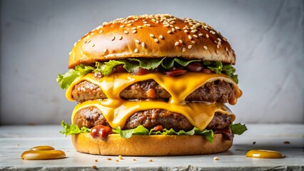 Delicious double cheeseburger with melted cheese and fresh toppings on table