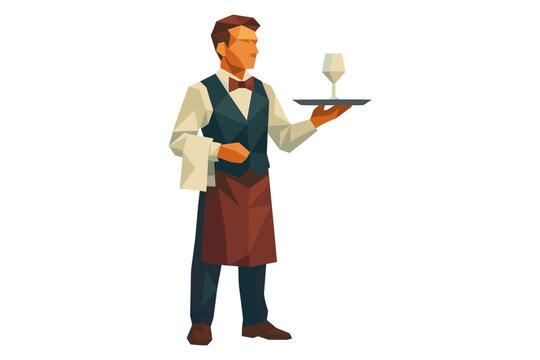 Low poly waiter serving wine with tray and elegant attire