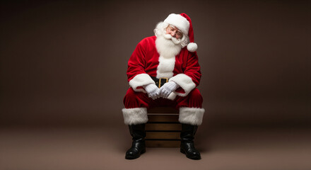 Santa Claus Sitting Relaxed on Wooden Box in Studio Setting