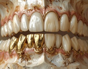 Close-up of a detailed dental model showcasing perfectly aligned teeth, some with gold accents