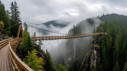 Long wooden suspension bridge stretches across a misty gorge, surrounded by evergreen trees and mountains under a cloudy sky.