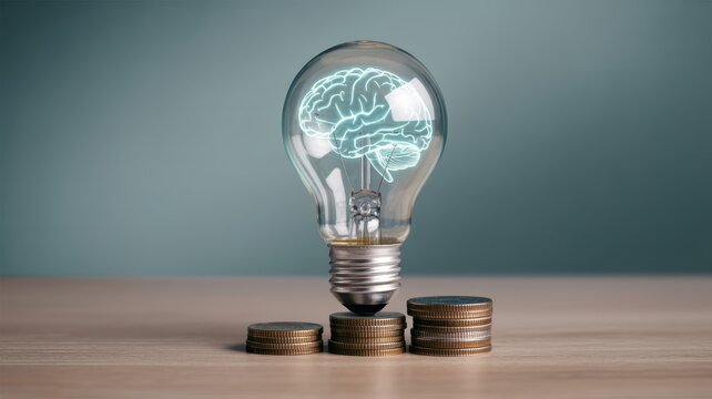 Illuminated concept representing intellect and financial growth sits above stacked currency