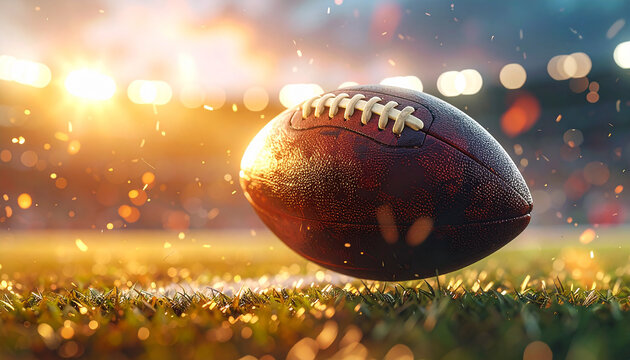 Football Arena: The iconic football rests dramatically mid-air against a backdrop of an illuminated stadium during sunset. It's a symbol of thrilling competition and American sport. - Powered by Adobe