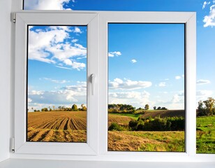 A serene view of a field through a white framed window on a sunny day