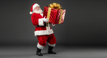Santa Claus straining to lift a huge heavy red Christmas present with a golden bow against a gray studio background