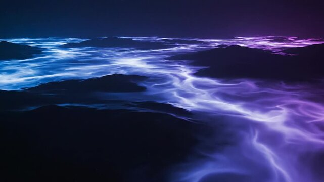 Atmospheric residual light bleed painting vast abstract patterns of blue and purple over a conceptual dark landscape from an ethereal aerial perspective high altitude, background, darkness