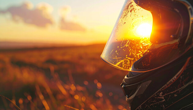 Sunset Ride: A motorcycle helmet reflects the fiery glow of the setting sun, hinting at the freedom and adventure of the open road, capturing a moment of peace and tranquility.