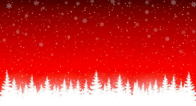 Winter snowfall over white pine forest on red background